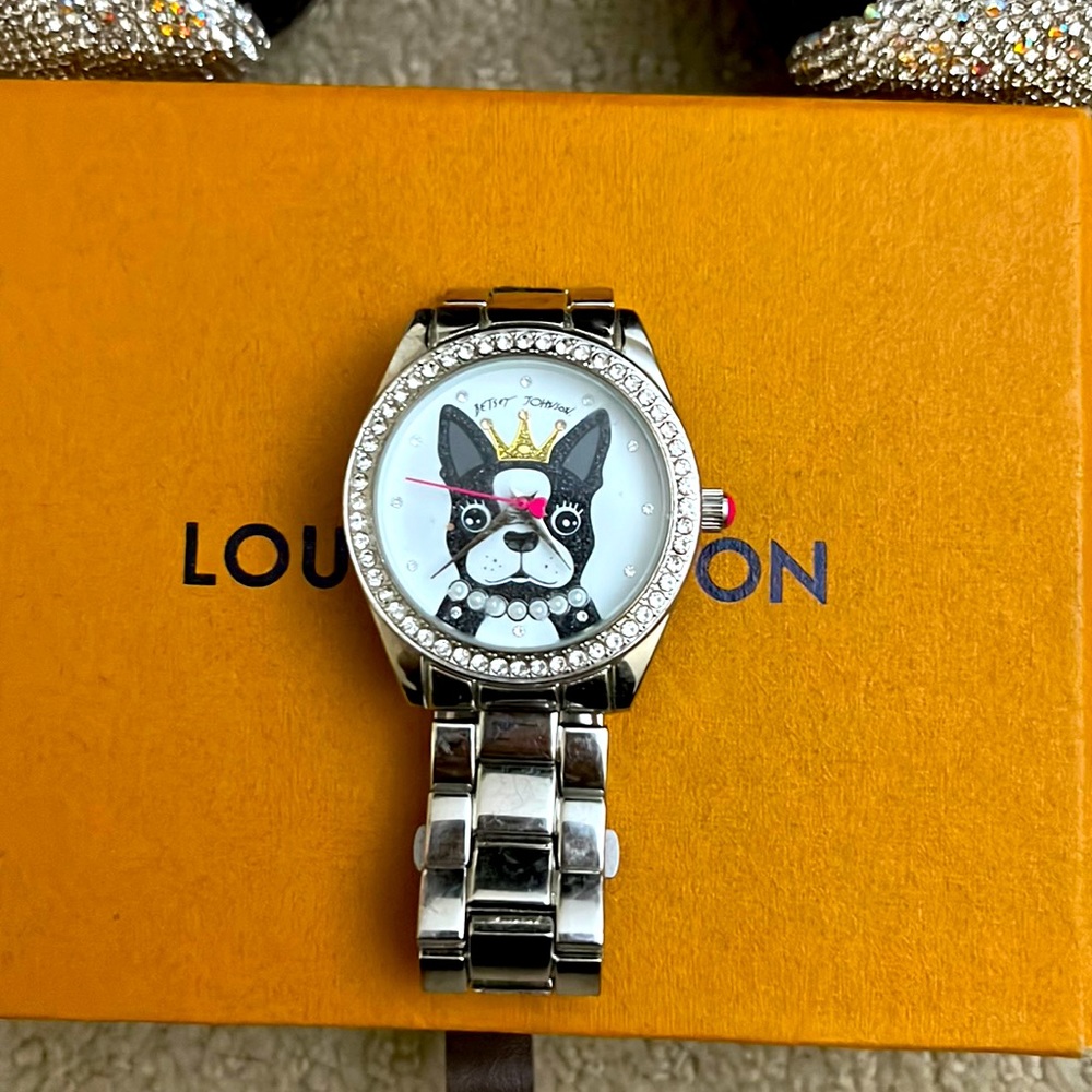 Betsey Johnson watch with Boston terrier and bling rhinestones.